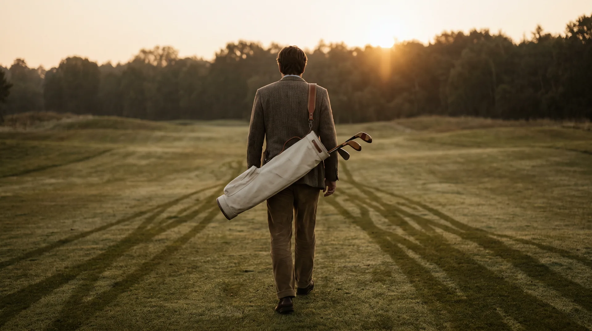 A golfer walking a mown fairway at sunset, carrying a small canvas bag holding a few clubs.